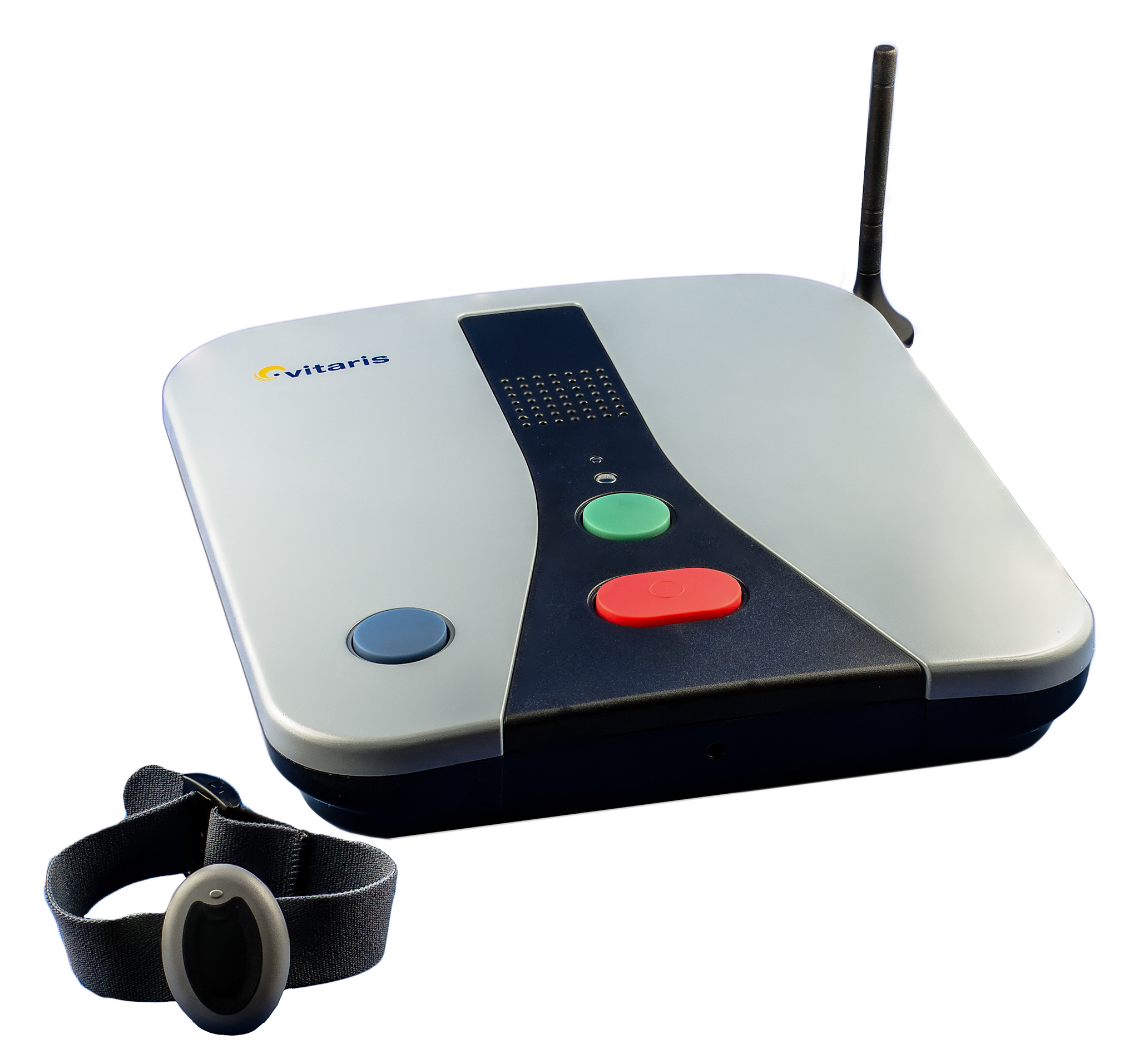 An medical alarm. There is a base station with a red button, a green button, and an antenna. There is also a wrist band