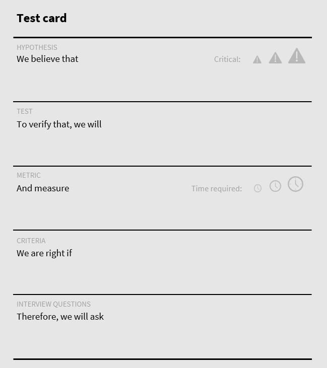 A test card containing four sections: hypothesis, test, metric, and criteria.